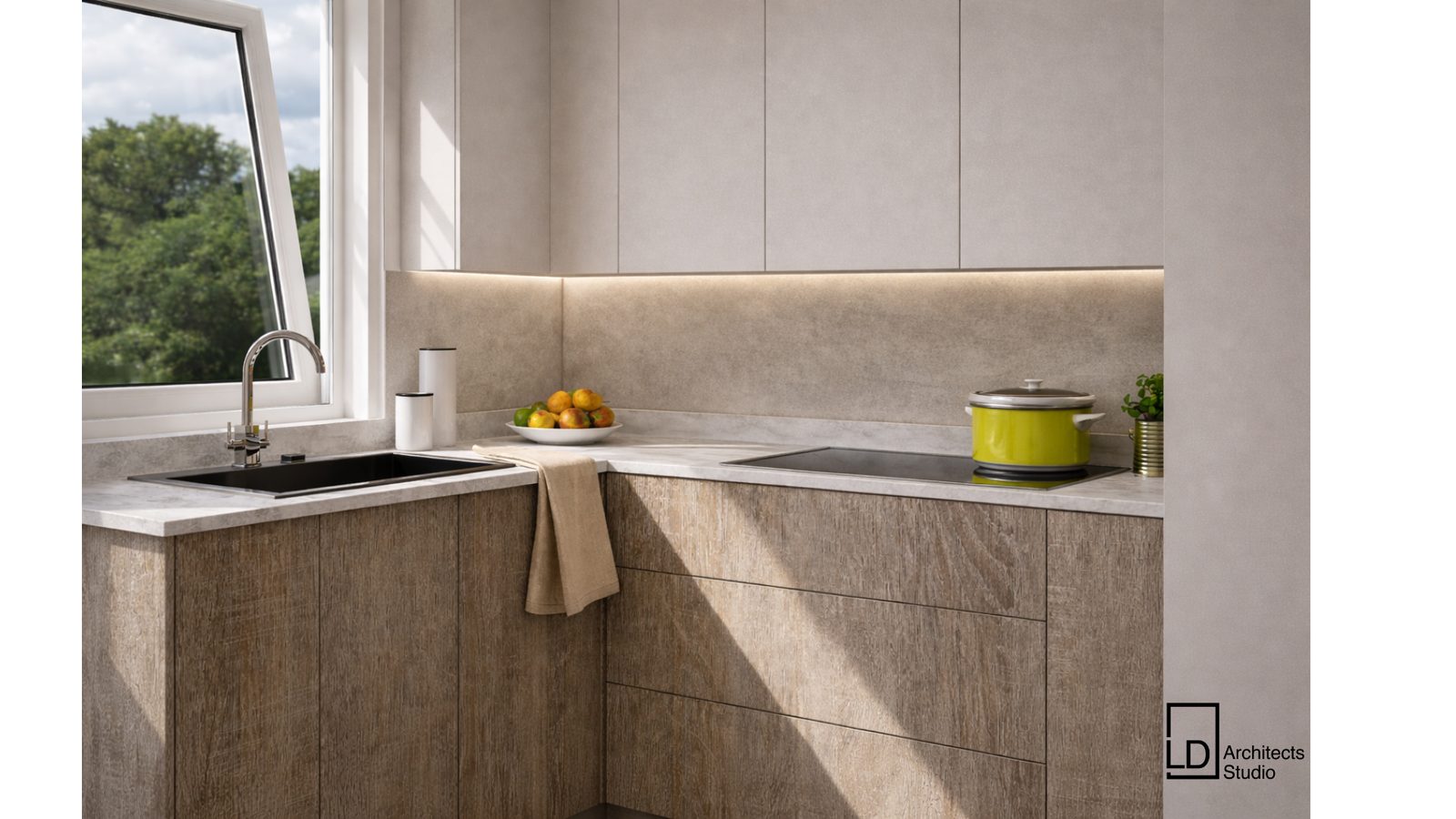 Render fotorealistico della cucina ad angolo completata
