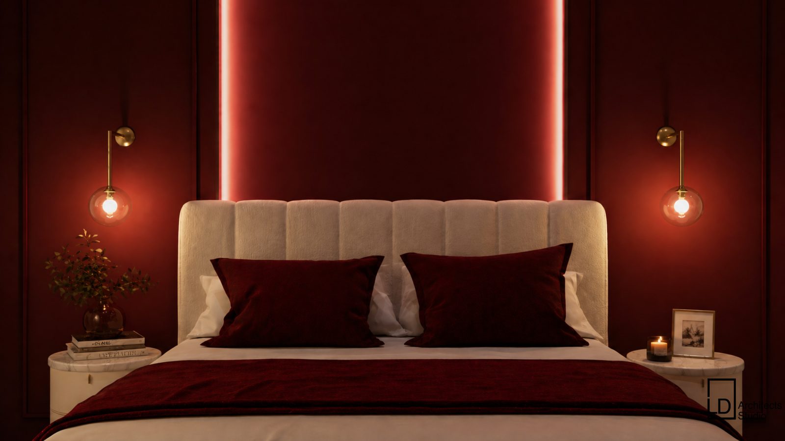 Camera da letto con illuminazione scenografica rossa