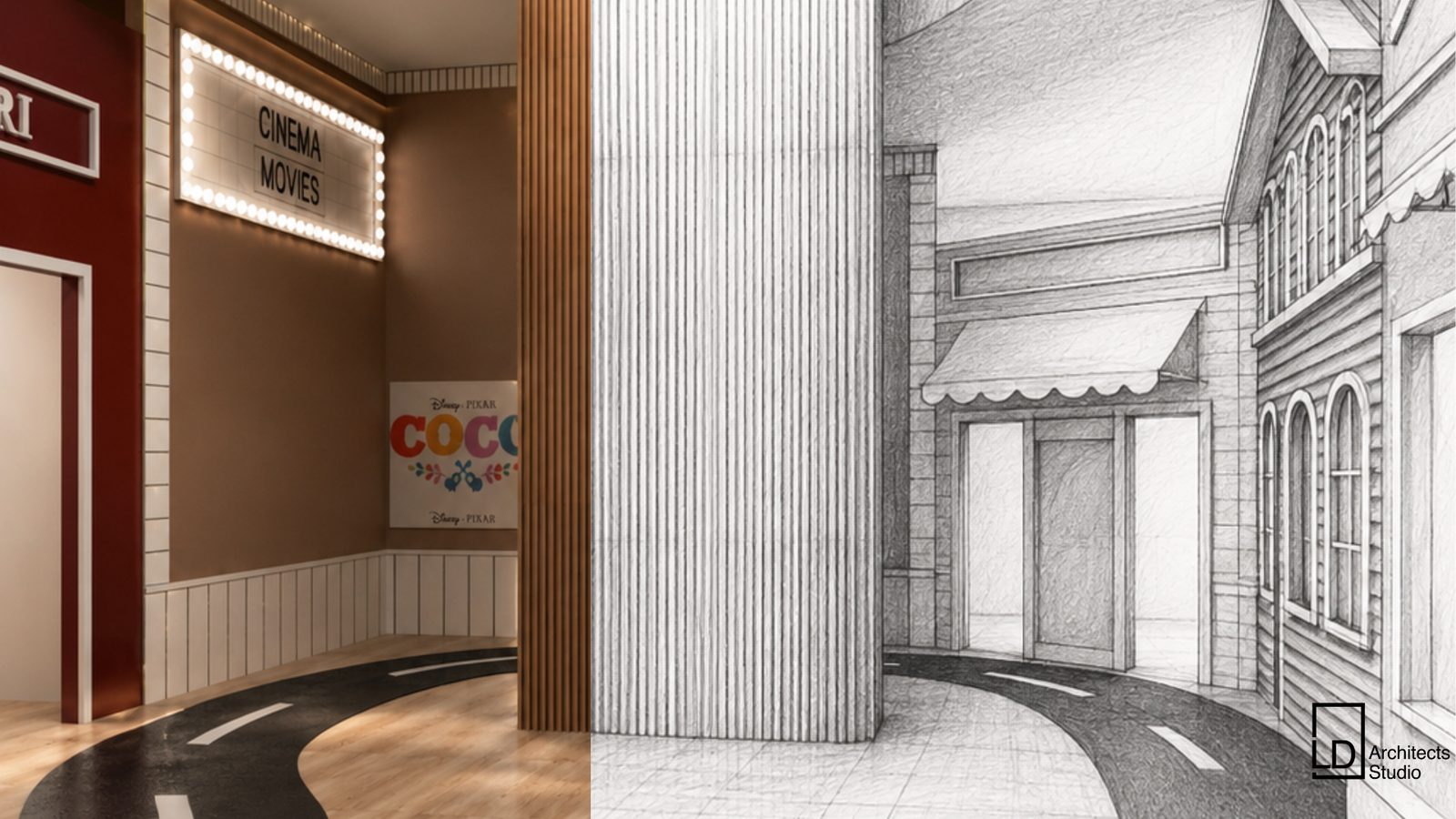 Sala cinema privata, confronto schizzo e render finale