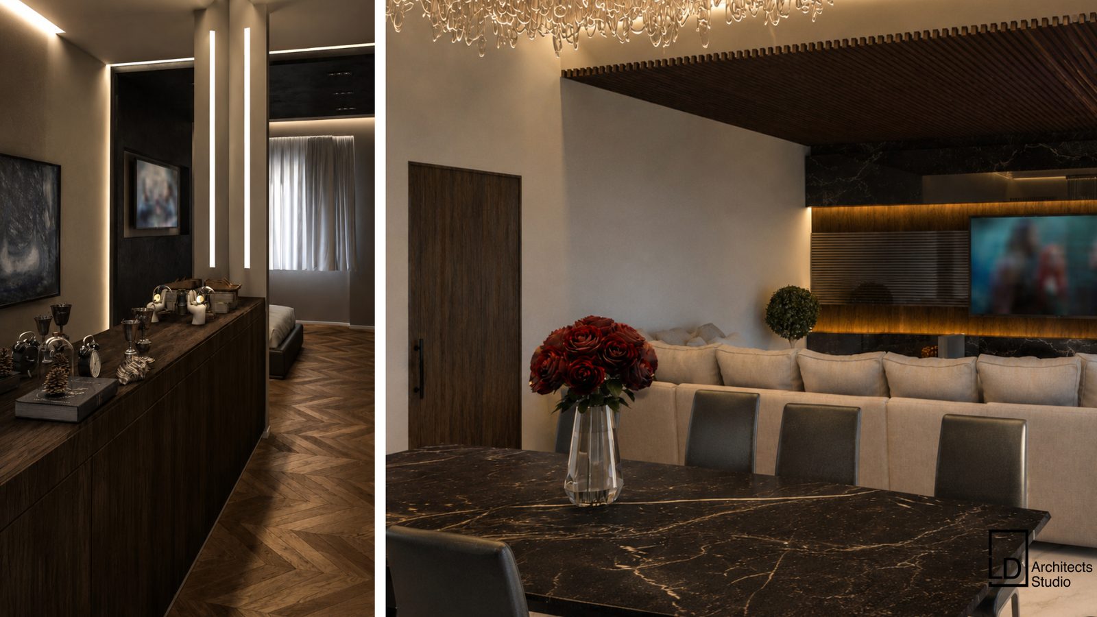 Corridoio con boiserie e zona pranzo con tavolo in marmo