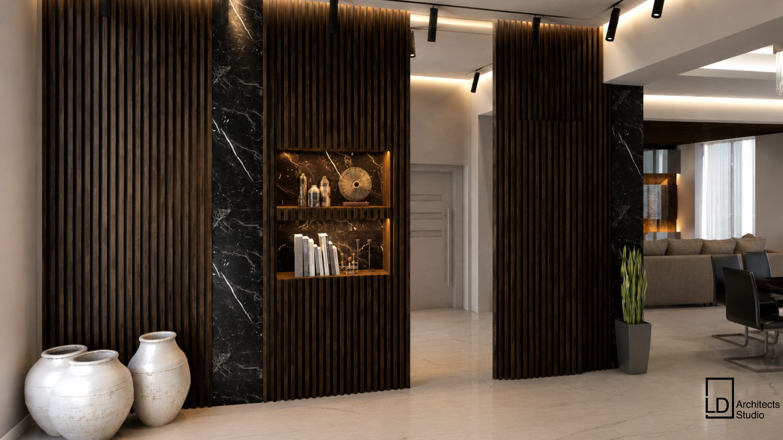 Ingresso con boiserie in legno e marmo nero