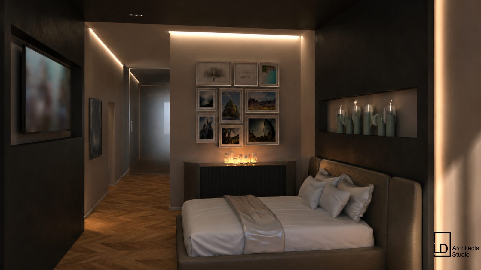 Camera da letto con galleria di quadri e parete scura