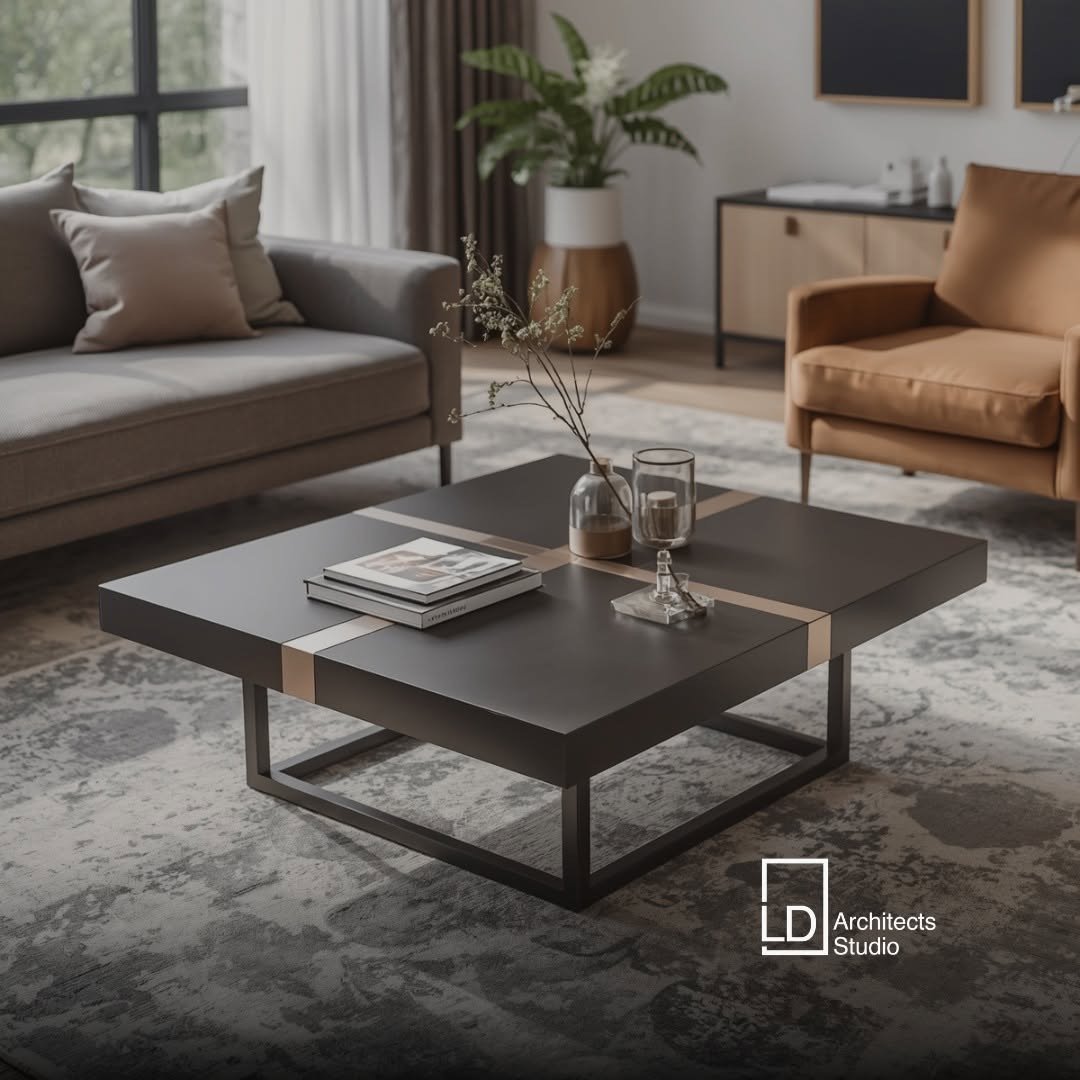Living con tavolino in legno e ottone